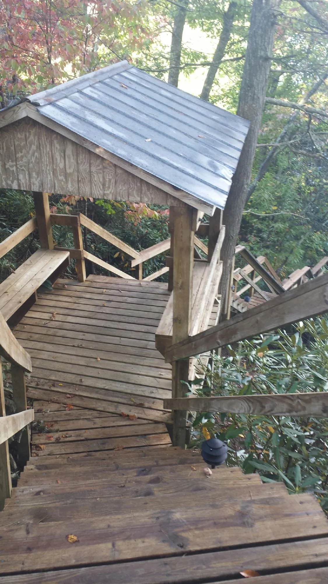 Metal roofed shelter over wooden steps on a wooded walkway — Skylight Repair & Installation work by our crew in Sulphur Springs
